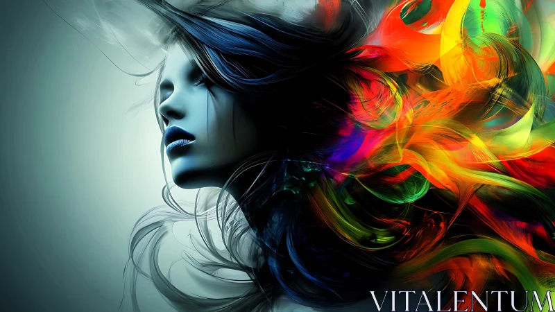 Chromatic dream muse emerging from swirling darkness.