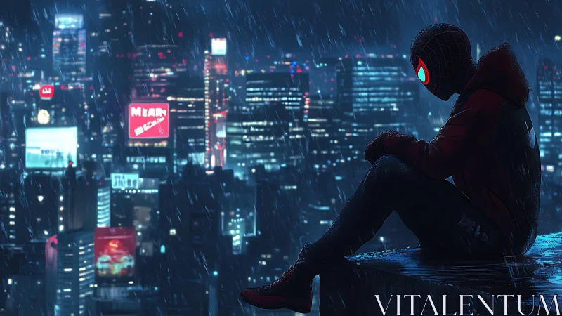 Masked urban vigilante contemplates a neon city in rain.