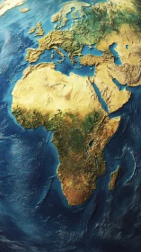 Sunlit Africa and Europe from space, carved in vivid relief.