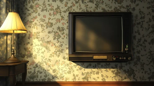 Vintage wall-mounted CRT television in warm lamplight glow.