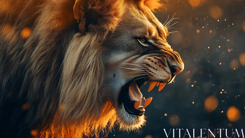 Lion roar ignites embers in cinematic golden backlight.