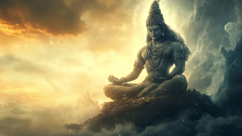 Serene celestial yogi meditating in glowing cosmic light.