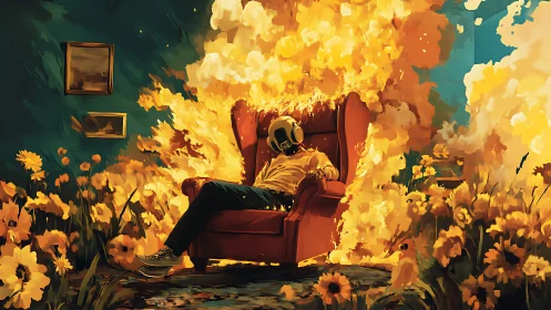 Person in helmet on chair amid blazing indoor flowers.