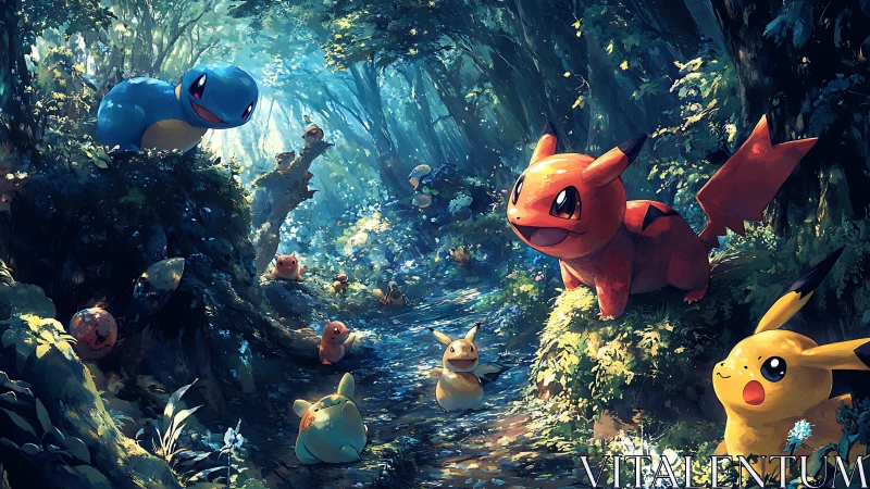Forest friends share a playful Pokémon adventure in sunlight