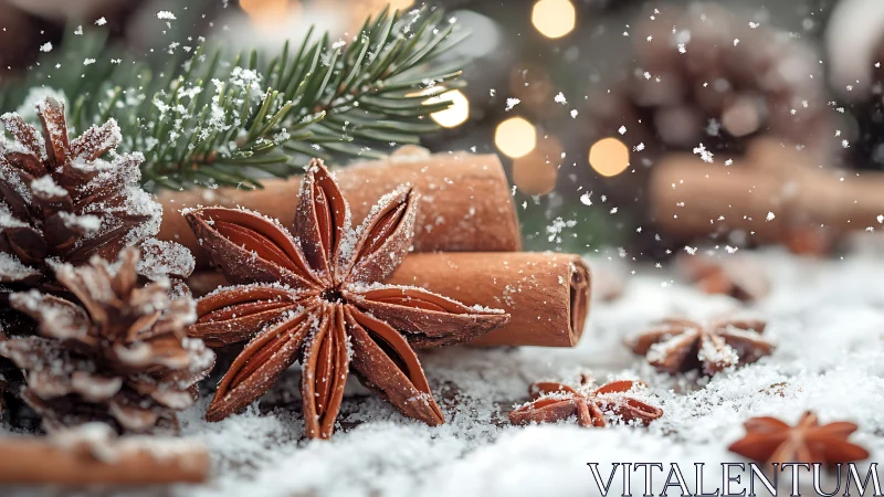 Cozy winter spices resting beneath soft falling snow.