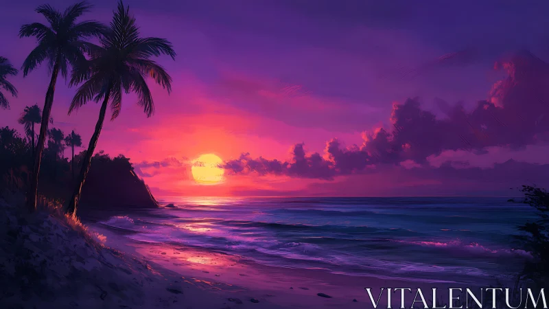 Digital seascape depicts tropical shoreline under sunset light