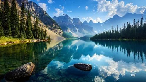 Mountain lake reflects alpine peaks under clear blue sky