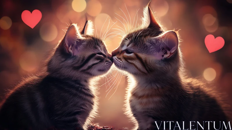 Two Cats Greeting with Raised Heads Against Warm Bokeh Background.
