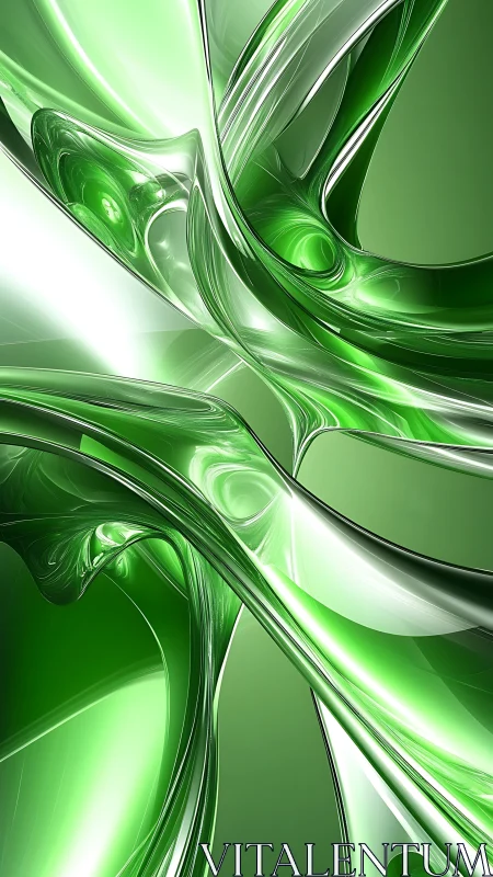Green abstract glass curves with smooth reflective forms.