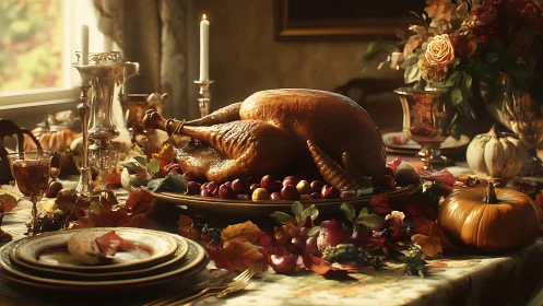Golden roasted turkey crowns warm autumn harvest table