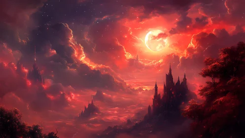 Enchanted crimson castle beneath a glowing full moon.