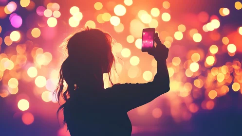 Silhouette taking smartphone photo against bokeh lights.