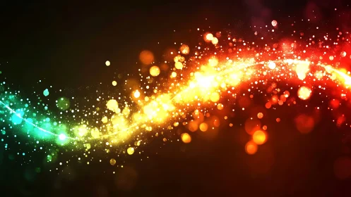 Digital bokeh energy arc across multicolor particle field.
