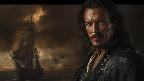 Stormlit privateer captain and ghostly galleon horizon gaze.