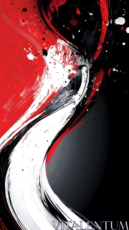 Dynamic red, black and white abstract with sweeping paint arcs