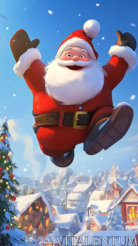 3D stylized Santa leaping above snowy village at sunrise