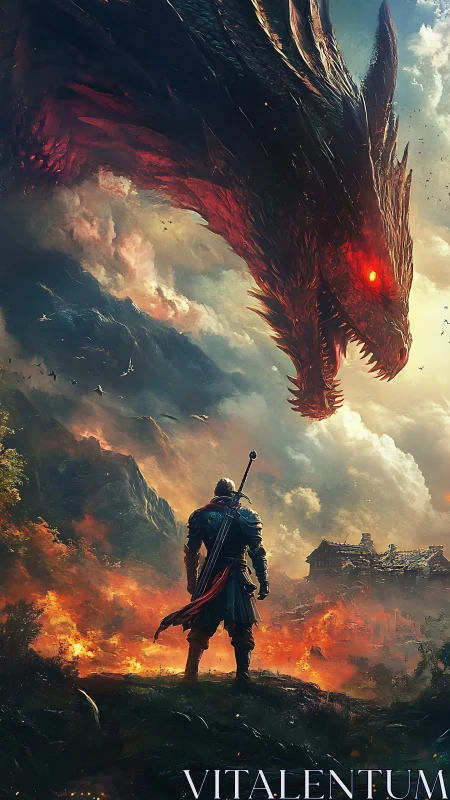 Armored warrior confronts colossal fire dragon over ruins.