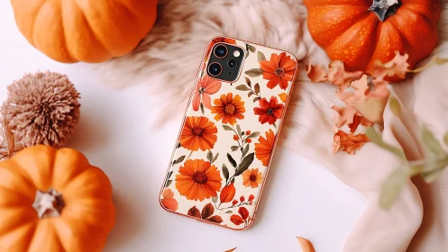 iPhone with Floral Print Case Surrounded by Orange Pumpkins