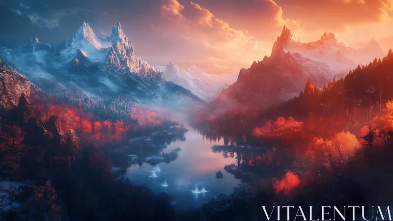 Sunset-illuminated alpine valley with reflective lake and volumetric haze