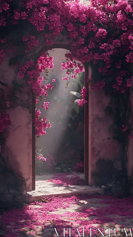 Magenta Bougainvillea Archway Through Weathered Stone.