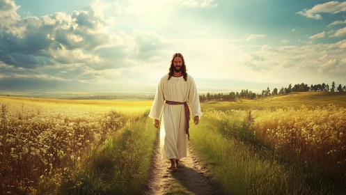 Gentle robed figure walks peacefully through golden fields