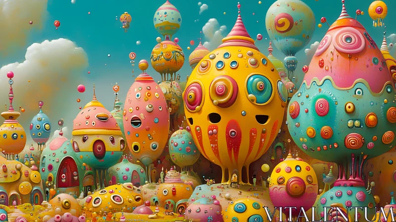 Whimsical candy cityscape with bulbous pastel towers.