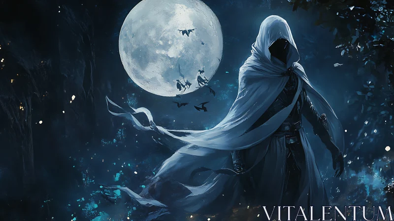 Luminous lunar backlit wraith in dynamically streaming cloak.