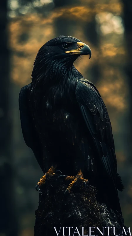 Dark eagle perches in soft forest light, feathers glossy