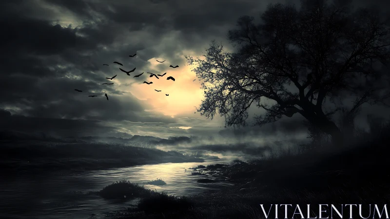 Dark river landscape under moody sky at sunset.