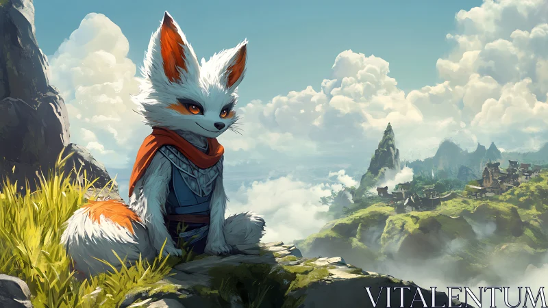 Anthropomorphic fox figure overlooking distant mountain village.