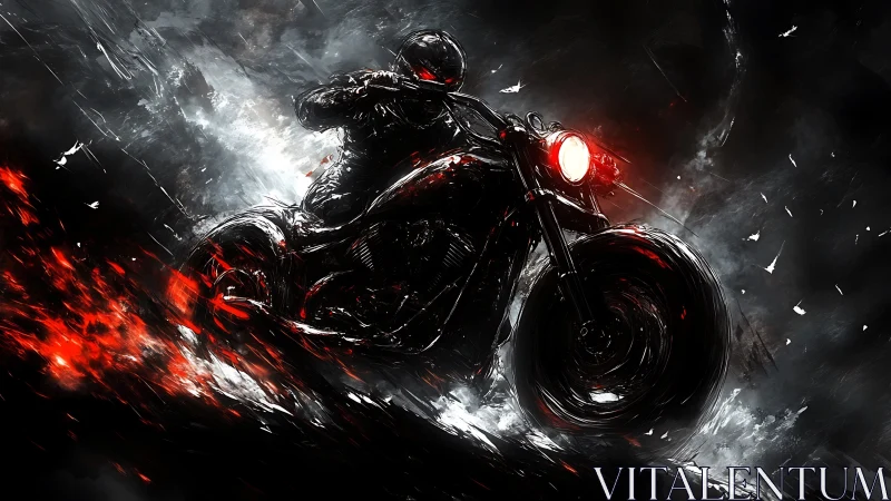 Kinetic nocturnal motorcycle rendered in infernal motion blur.