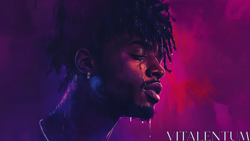 Neon-lit side profile portrait in magenta and violet hues.