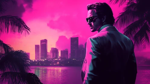 Man in white suit overlooks neon pink city skyline at dusk