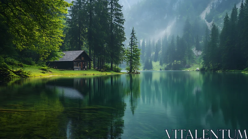 Lakeside forest cabin rests beside calm emerald waters.
