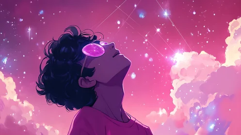 Dreamy youth in neon sky with reflective magenta glasses.