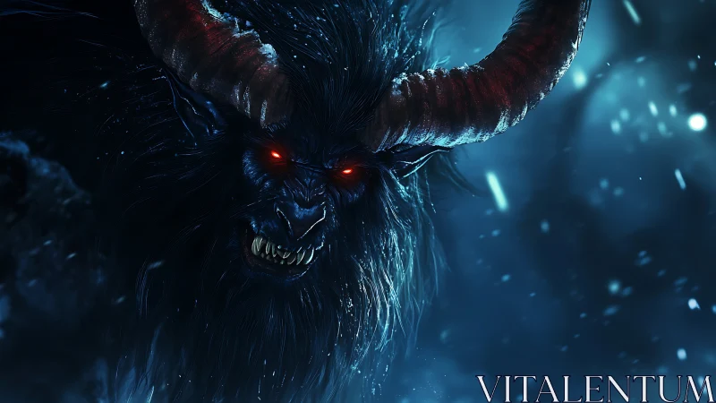 Demonic horned creature rendered with cold blue backlighting and glare