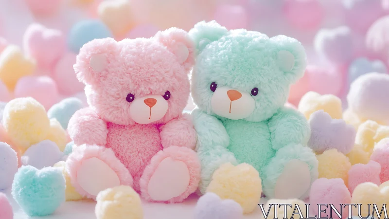 Two Plush Teddy Bears Cuddled Among Pastel Pom-Poms
