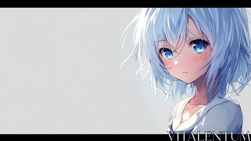 Blue-eyed anime girl portrait utilizes soft lighting and space