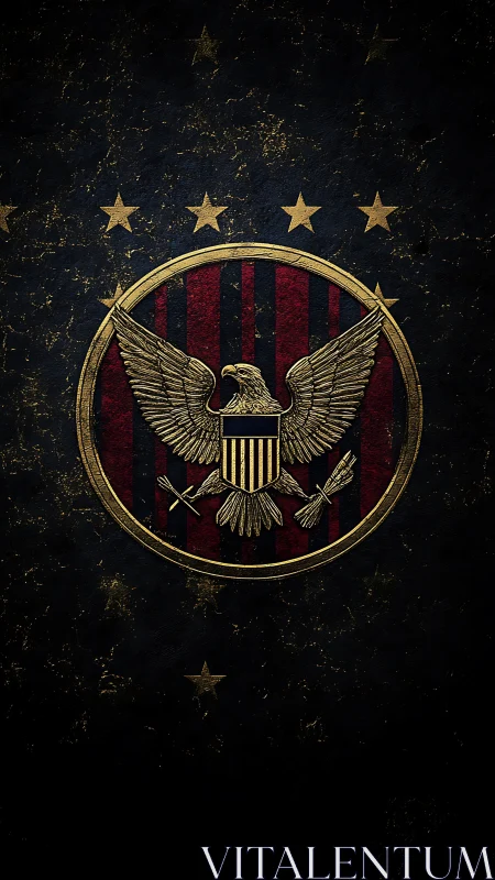 Golden eagle emblem on distressed patriotic backdrop.