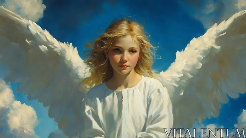 Gentle young angel rests softly against a bright blue sky