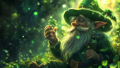 Old leprechaun holding shamrock in glowing green forest.