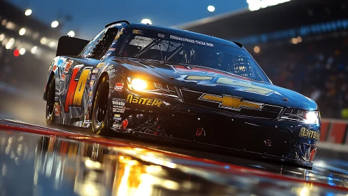 Chevrolet stock car powers through wet night racing circuit.