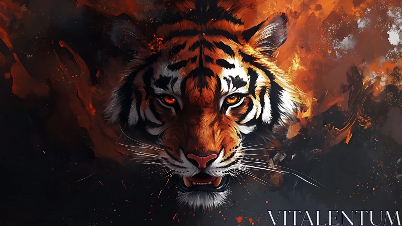Fireborn tiger erupts from embers in a storm of wild color.