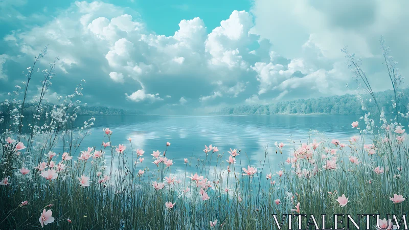 Lake shoreline with pink wildflowers under cumulus clouds.