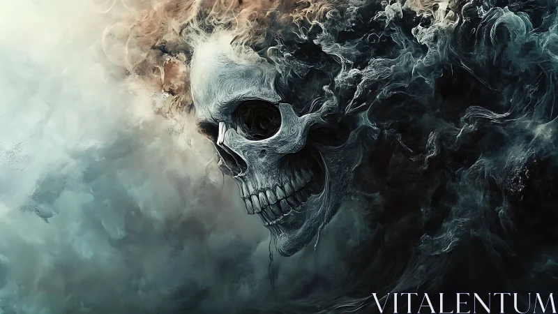 Stormborn skull drifting through smoky twilight veil.