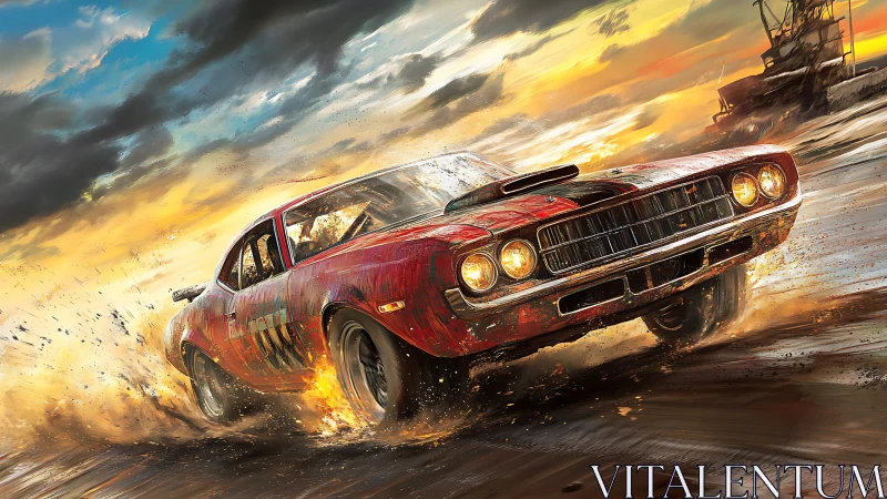 Red muscle car on wet coastal terrain under dramatic sky.