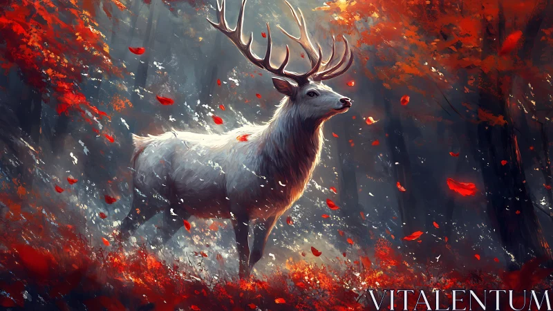 Majestic white stag stands amid swirling autumn embers.