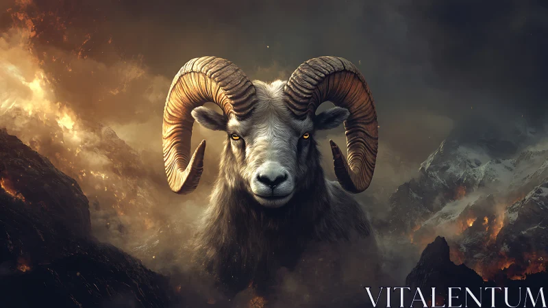 Majestic ram emerges from fiery storm over dark mountains
