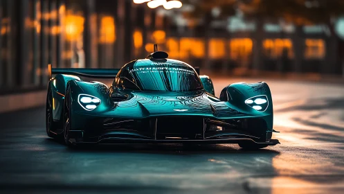 Sleek teal hypercar glides under warm city evening lights