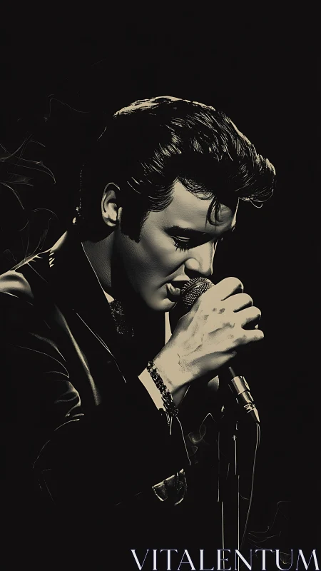 Monochrome rock singer in spotlight holding vintage microphone.